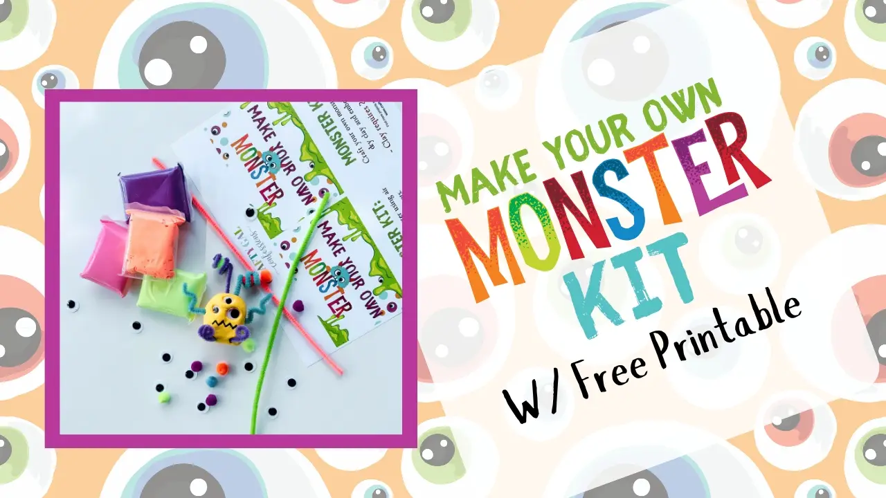 Banner image showing an up close look at what is in the monster kit. 1 Completed clay monster, pipe cleaners, pom poms, googly eyes, and printable